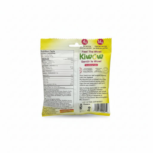 Back view of a Kiwow snack package with nutritional information and branding.