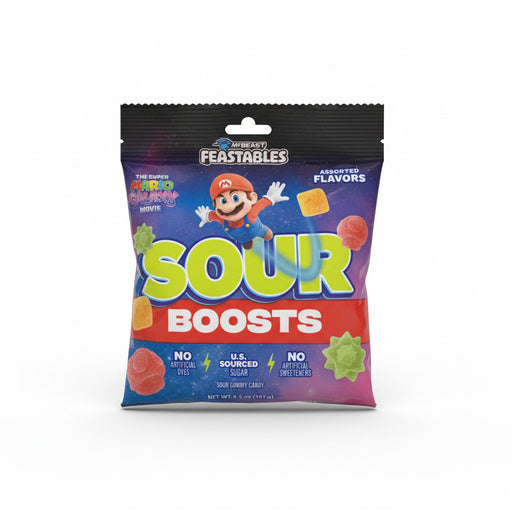 Packaging of Sour Boosts gummy candy with colorful design and character illustration.