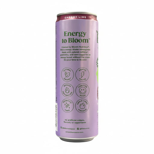 Purple energy drink can labeled 'Energy to Bloom' with cherry lime flavor on a white background