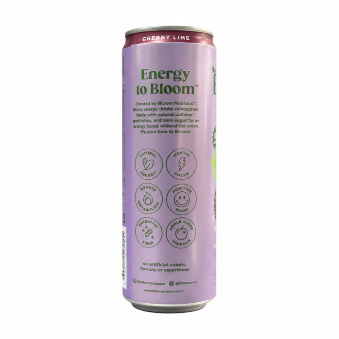 Purple energy drink can labeled 'Energy to Bloom' with cherry lime flavor on a white background