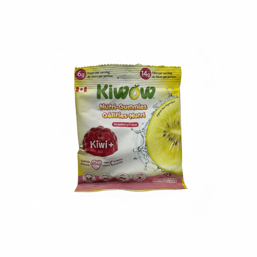 Kiwow Nutri-Gummies packaging with strawberry flavor and kiwi illustration on a white background