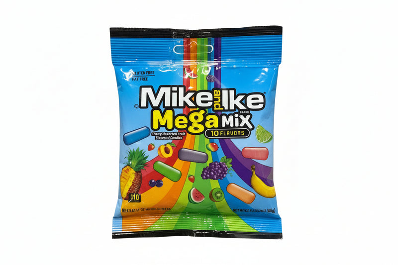 Mike and Ike Mega Mix candy package with colorful design on a white background
