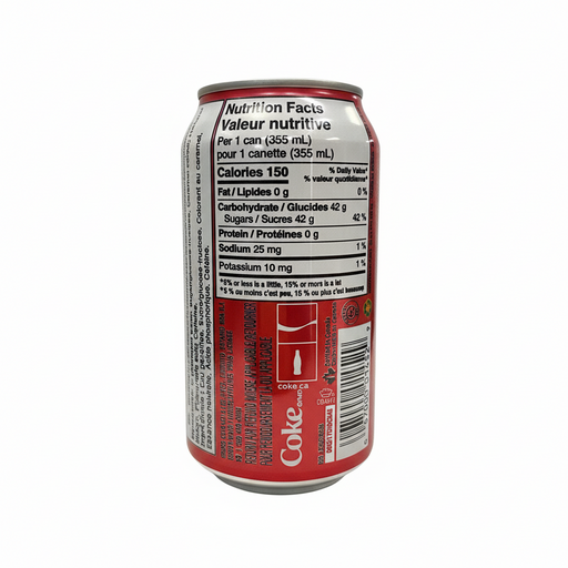 Coca-Cola can with nutrition facts label on a white background