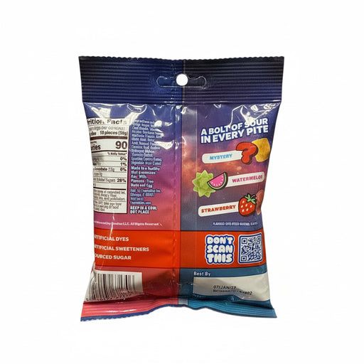 Back view of a candy package with colorful design and text