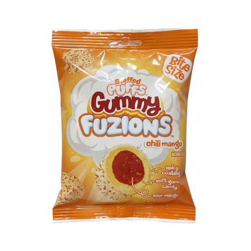 Packaged candy with 'Stuffed Puffs Gummy Fuzions' branding on a white background