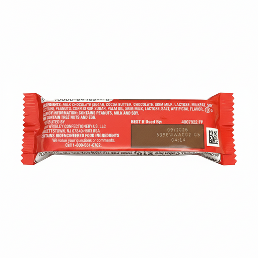 Red candy bar with visible text and branding on a white background