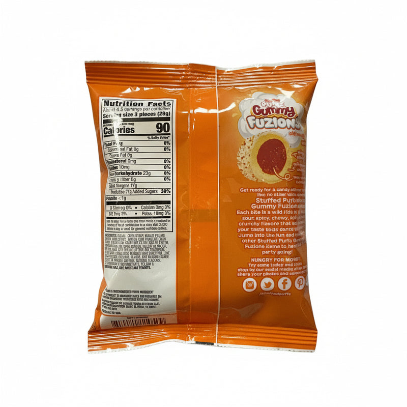 Packaging of Gummy Fuzions with nutritional information on an orange background