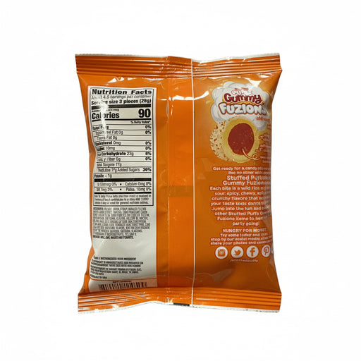Packaging of Gummy Fuzions with nutritional information on an orange background