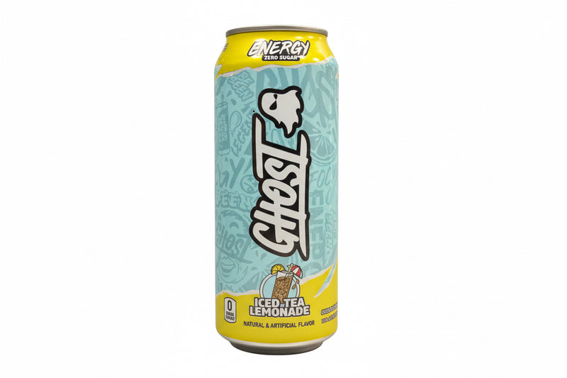 Energy drink can with 'Ghost' branding and lemonade flavor on a white background