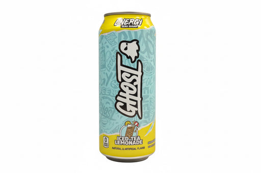 Energy drink can with 'Ghost' branding and lemonade flavor on a white background