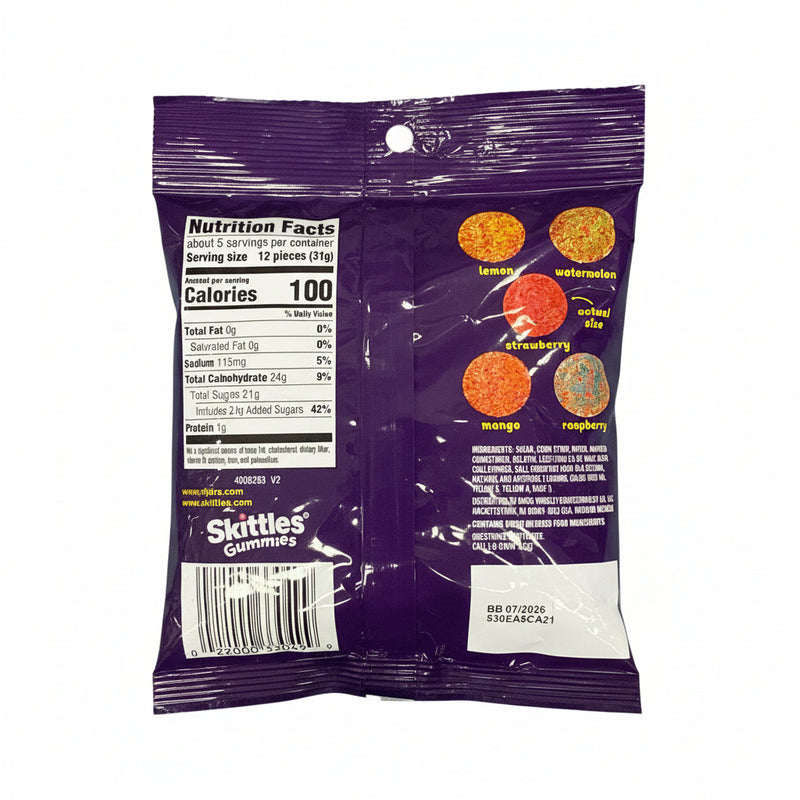 Back view of a Skittles gummies package with nutrition facts and flavor information.