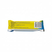 Yellow and blue candy bar wrapper with text and a barcode on a white background