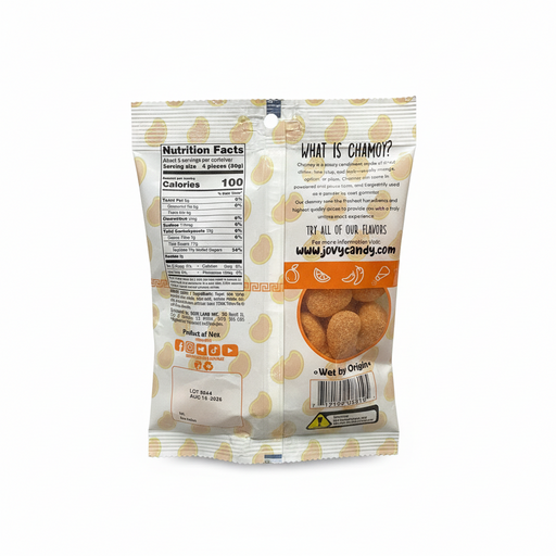 Back view of a snack package with nutritional information and branding details.