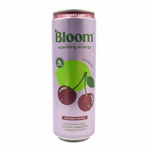Bloom sparkling energy drink can with cherry lime flavor on a white background