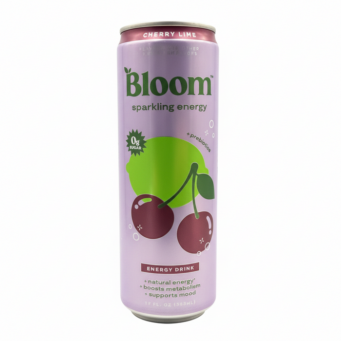 Bloom sparkling energy drink can with cherry lime flavor on a white background