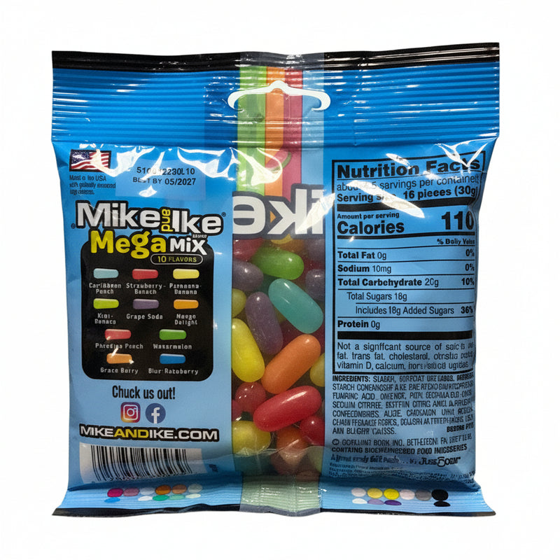 Mike and Ike Mega Mix candy package with colorful gummy candies inside.