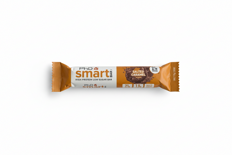 Salted caramel protein bar with 'PRD Smart Bar' packaging on a white background