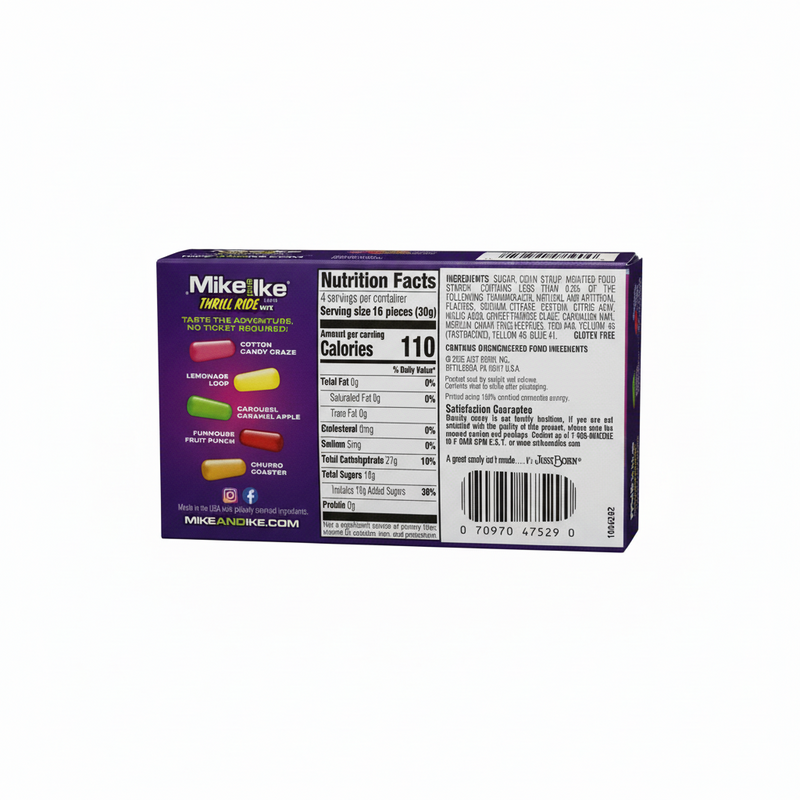 Mike and Ike candy package with nutrition facts label on a white background