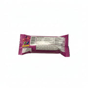 Close-up of a purple snack package with a clear label on a white background