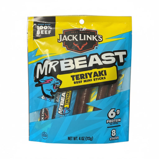 Pack of Jack Link's Mr Beast Teriyaki Beef Mini Sticks with branding and product details.