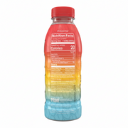 Bottle with a colorful gradient label and red cap on a white background