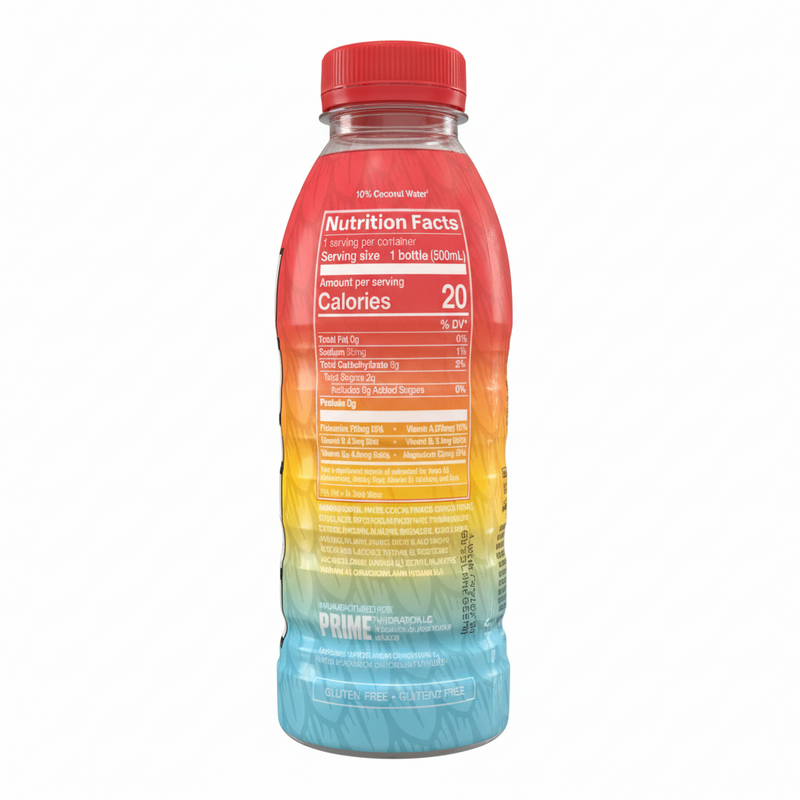 Bottle with a colorful gradient label and red cap on a white background