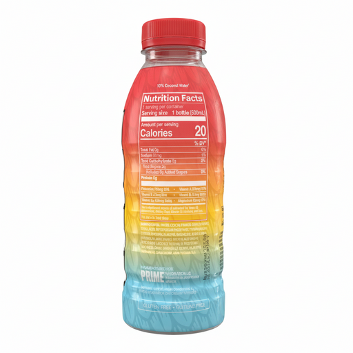 Bottle with a colorful gradient label and red cap on a white background