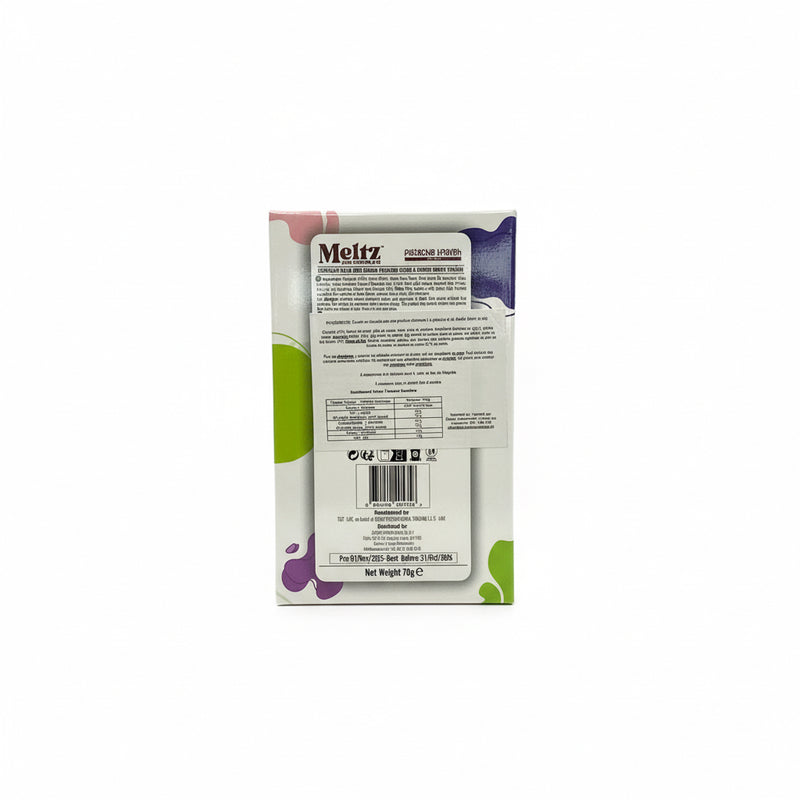 Back view of a Meltz chocolate packaging with text and bar code.