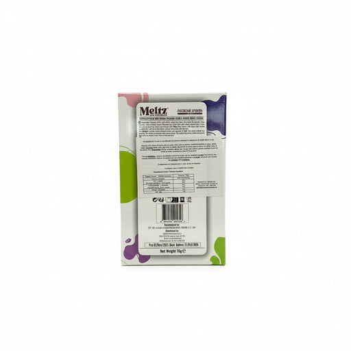 Back view of a Meltz chocolate packaging with text and bar code.