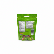 Back view of a green snack package with nutrition facts label