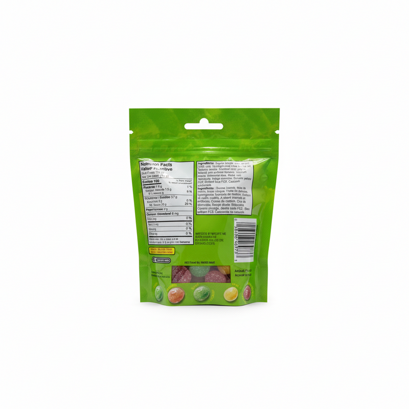 Back view of a green snack package with nutrition facts label