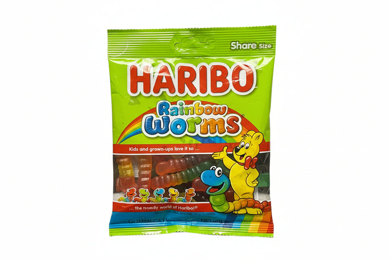 Haribo Rainbow Worms candy package on a white background