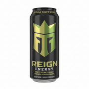 Reign Energy drink can with green logo and text on a white background