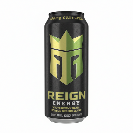 Reign Energy drink can with green logo and text on a white background