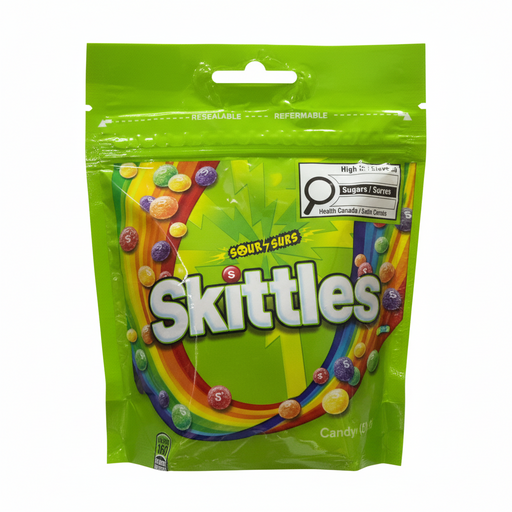 Green bag of Skittles candy with colorful candy pieces visible through the transparent section.