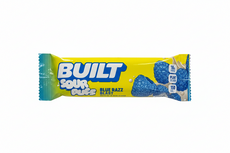 Yellow and blue candy bar with 'BUILT' branding on a white background