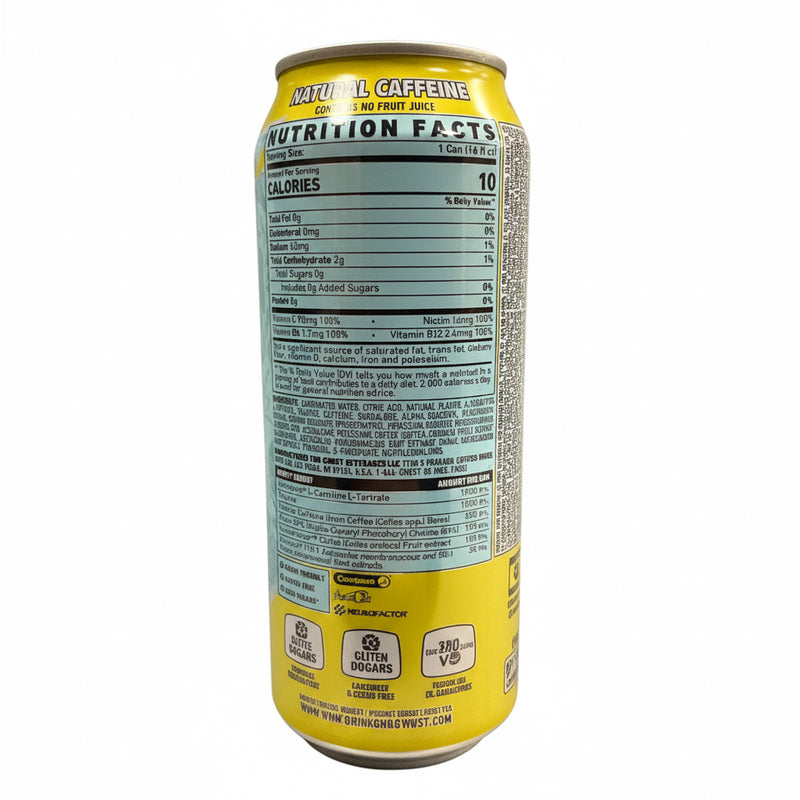 Nutrition facts label on a can of natural caffeine product