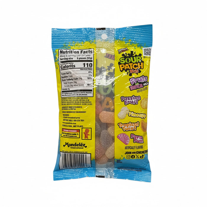 Sour Patch Kids candy package with yellow and blue design on a white background