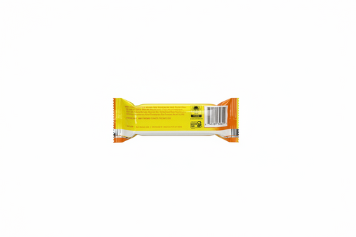 Yellow and orange snack bar package with a clear background