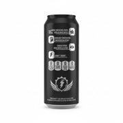 Black energy drink can with nutritional information on a white background