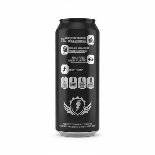 Black energy drink can with nutritional information on a white background