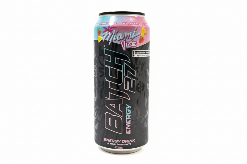 Energy drink can with 'Miami Vice' branding on a white background