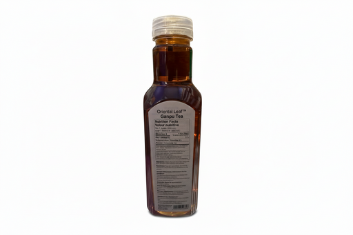 Bottle of Oriental Leaf Ganpu Tea with a white cap on a white background