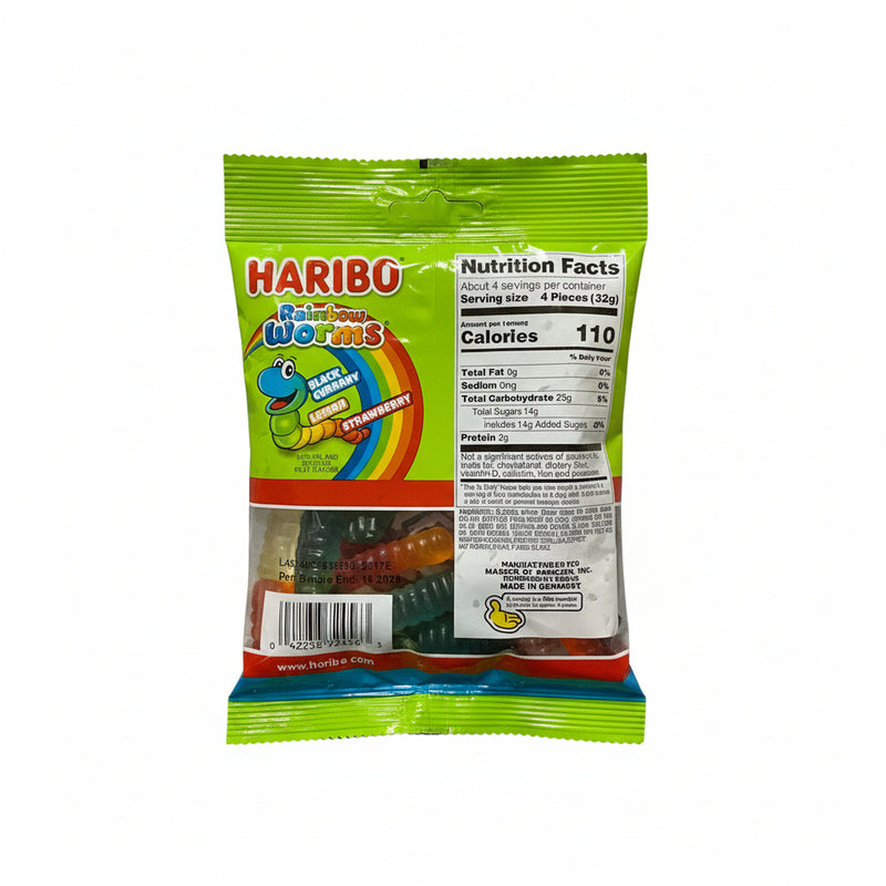Haribo Rainbow Worms candy package with nutrition facts label