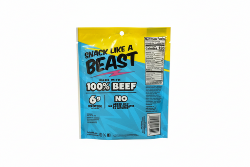 Packaged beef snack with 'Snack Like a Beast' branding on a yellow and blue background